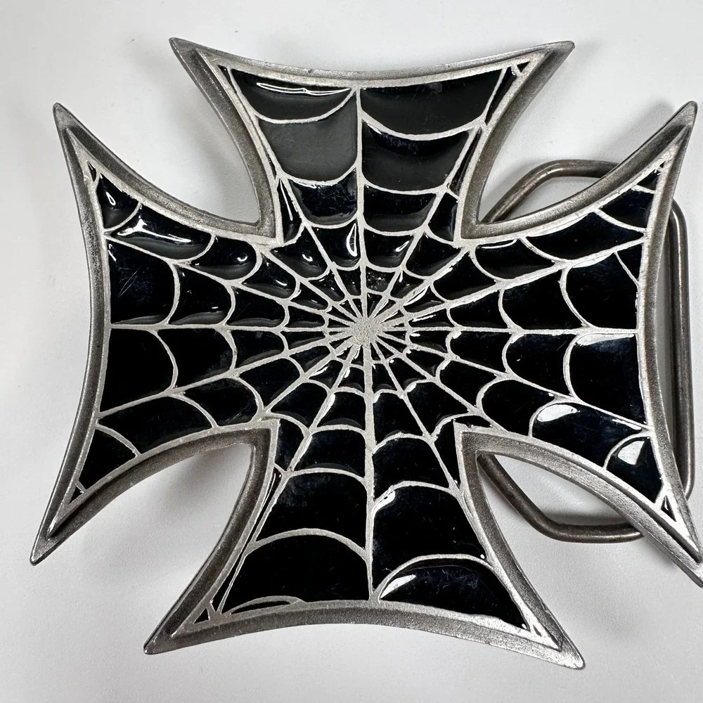 VTG BELT BUCKLE Spiderweb Iron Maltese Cross #4639 Pewter 2003 Black Skulls Goth